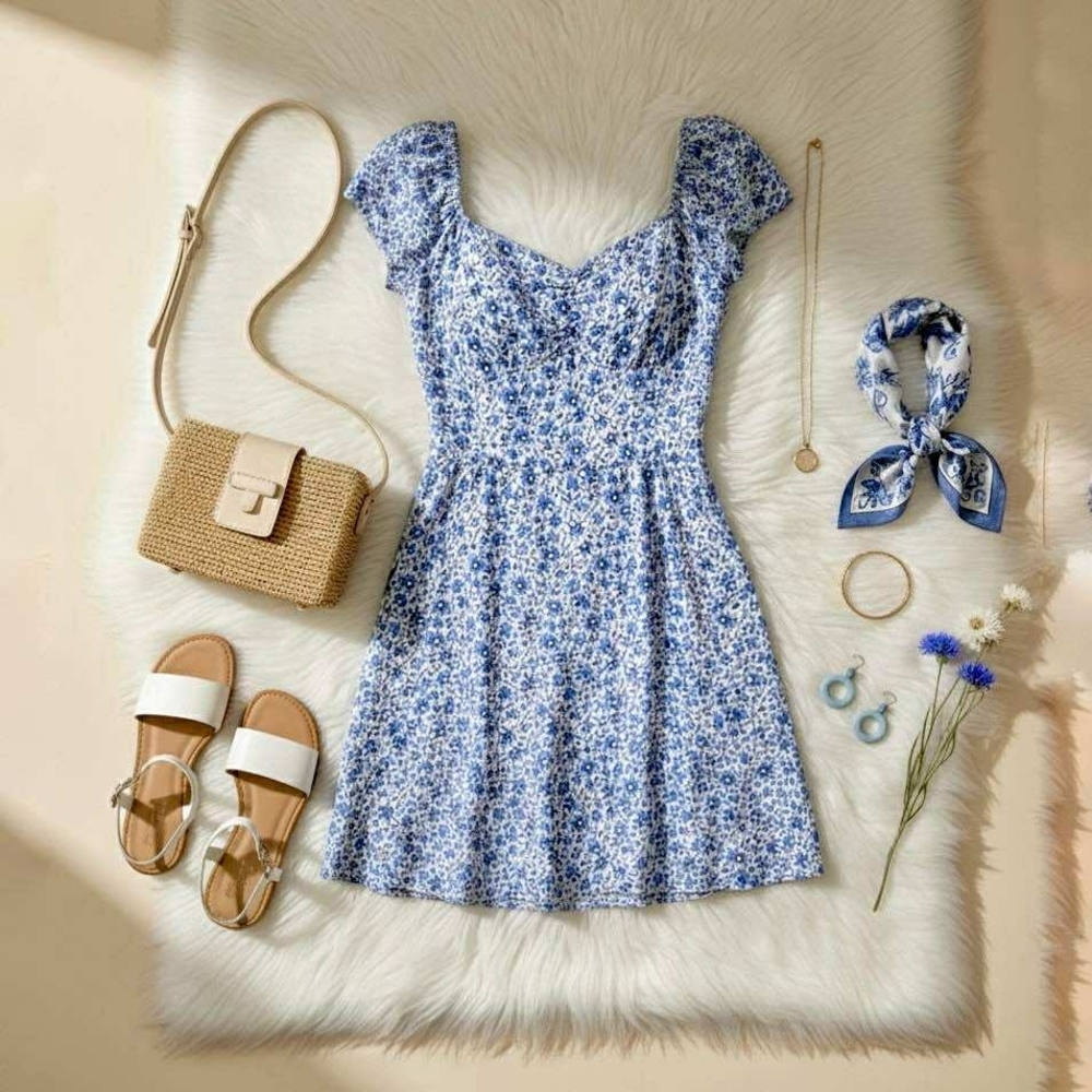 Hollister Blue Floral Smocked BACK Mini Dress With Built In Shorts Size Small